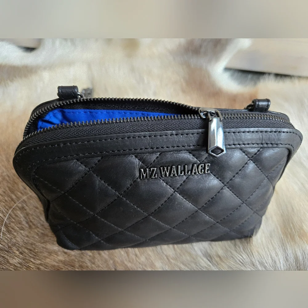 Rare!! MZ Wallace Black Leather Emily Crossbody with Blue Interior - Picture 3 of 12
